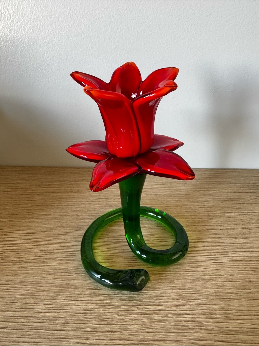 Red Glass Flower Sculpture or Candle Holder with Green Stem - Picture 9 of 9